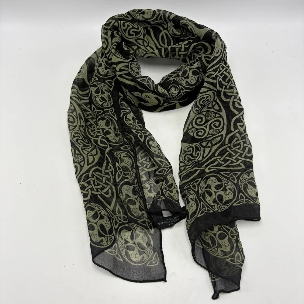 Vintage Keltic Designs Silk Scarf Black Green 90's Career Japan Career